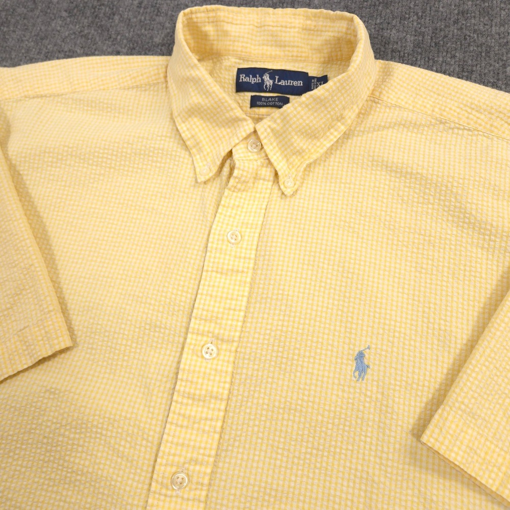 Vintage Ralph Lauren Blake Seersucker Shirt Mens XL Yellow Short Sleeve Pony